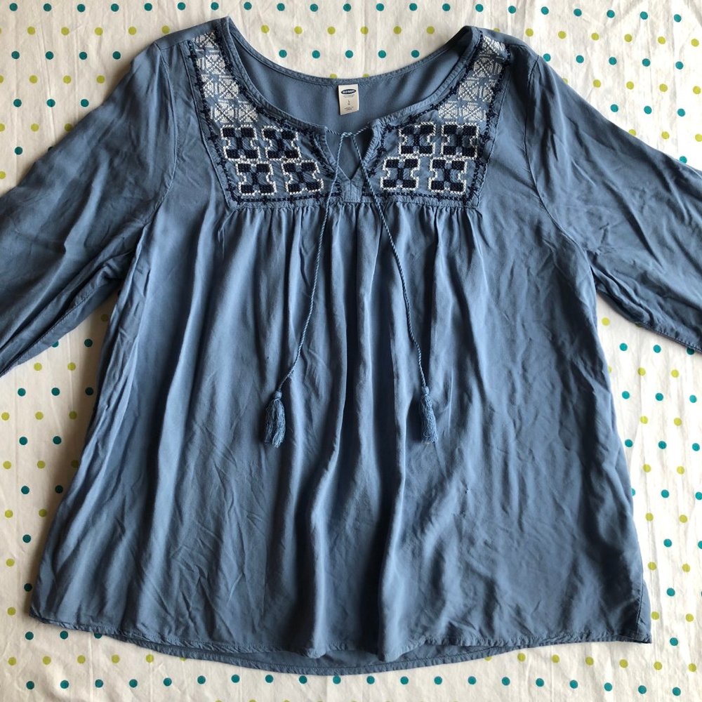 Old Navy Blue Embroidered Peasant Top